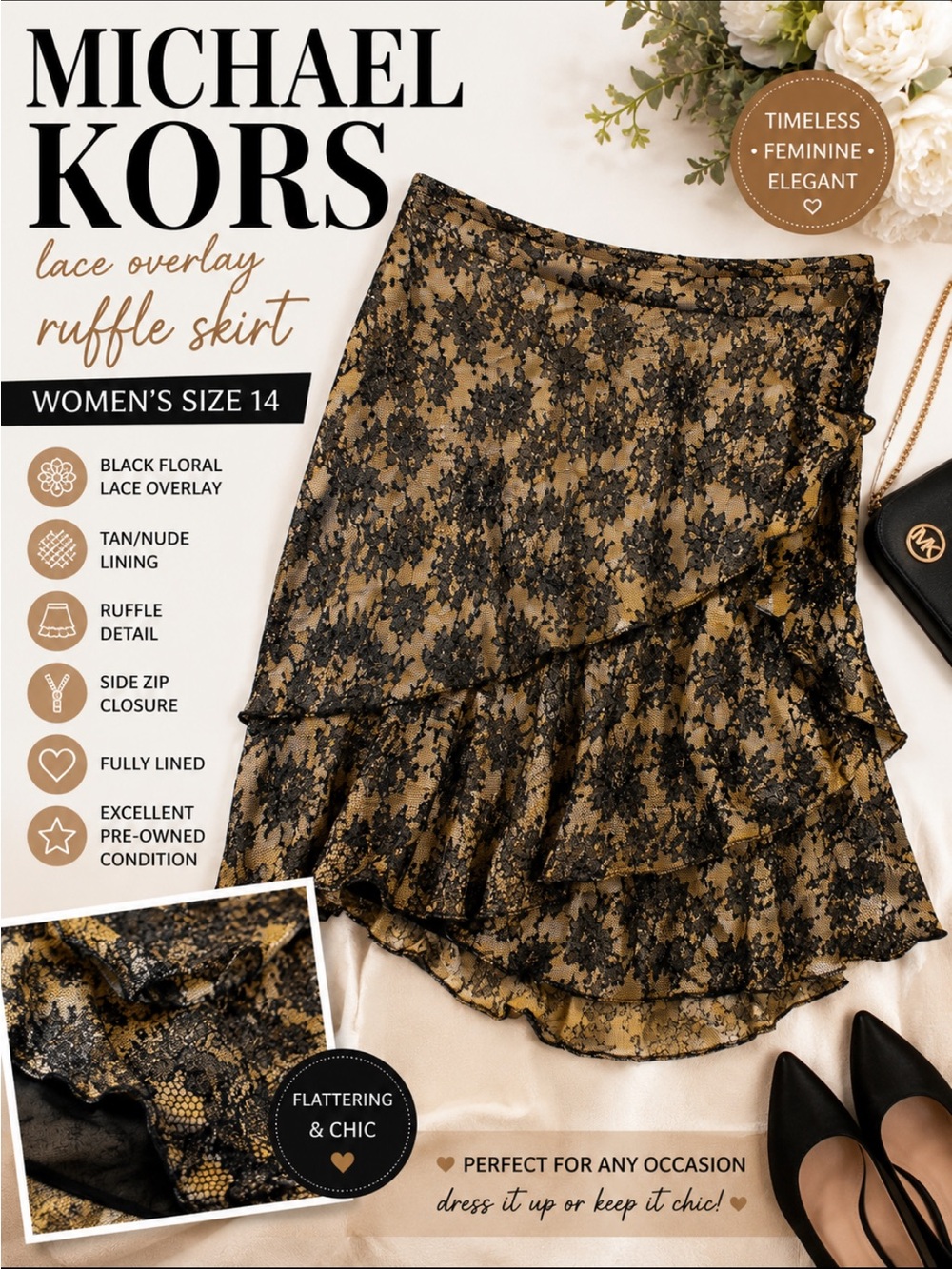 Michael Kors Tan and Black Lace Ruffle Skirt - Asymmetrical Hem